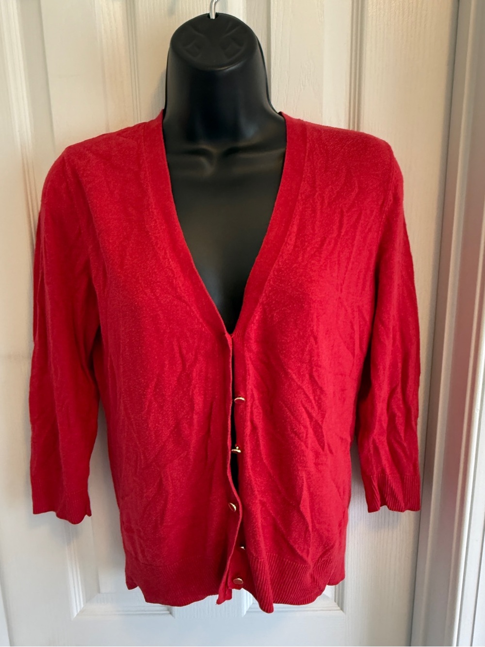 New York & Company Red Button-Front V-Neck Cardigan
